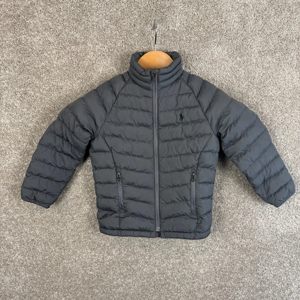 Polo Ralph Lauren Boys Size 5 Grey Quilted Puffer Jacket Full Zip Mock Neck Logo